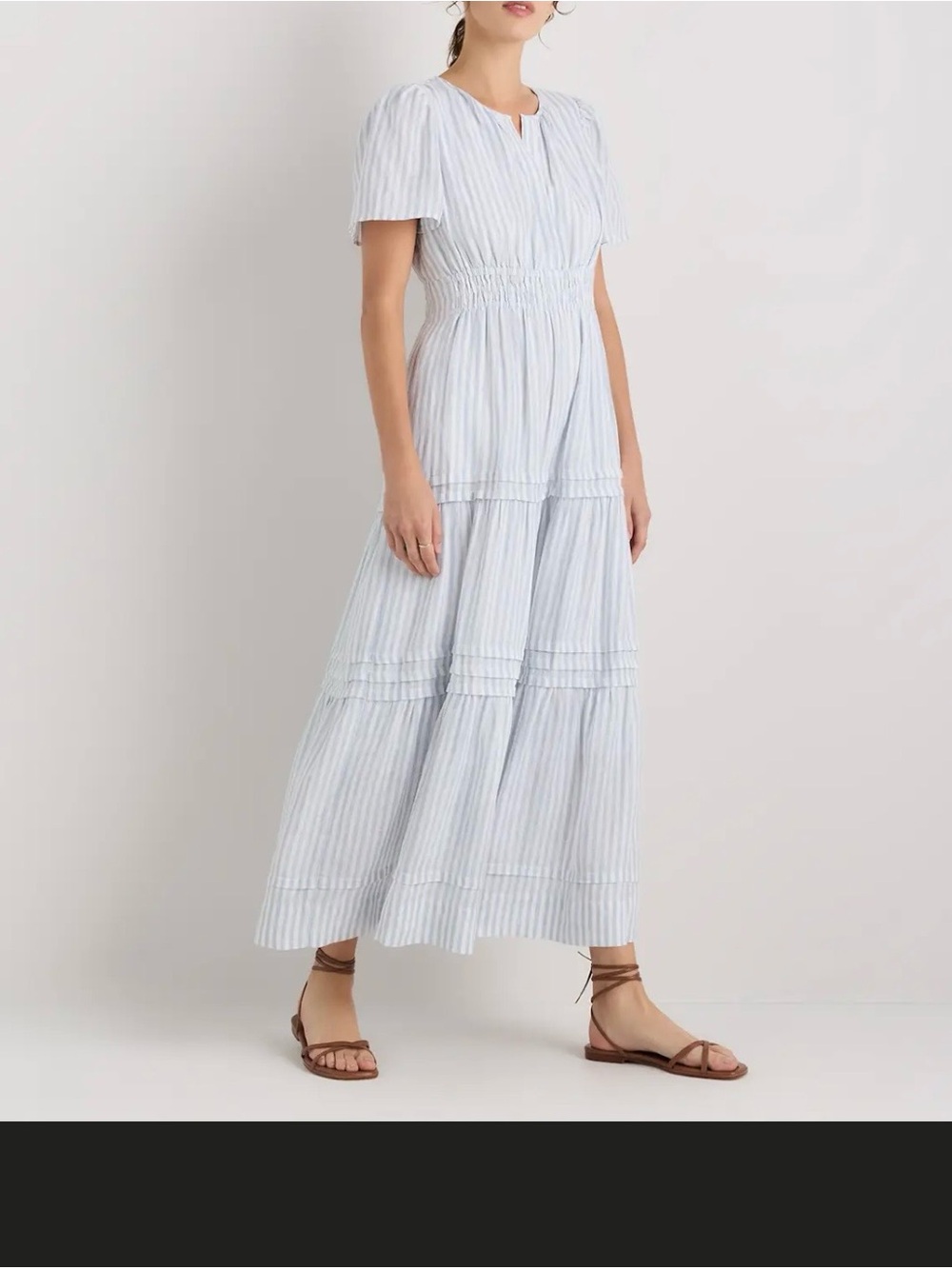 QUINCE 100% EUROPEAN LINEN TIERED MAXI DRESS XL LIGHT BLUE STRIP MSRP $84 NWT - Picture 2 of 14
